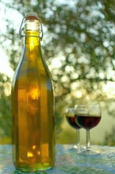 Eine Flasche La Rogaia Extra Vergine Olivenöl zusammen mit zwei Gläsern Rotwein. Typische Qualitätsprodukte aus Umbrien